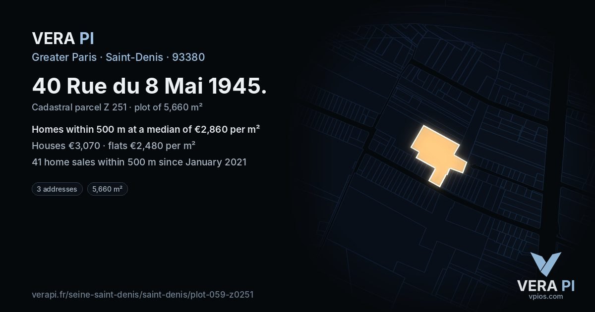 40 Rue du 8 Mai 1945, Saint-Denis at night – the plot lit, the parcels around coloured by the prices near them