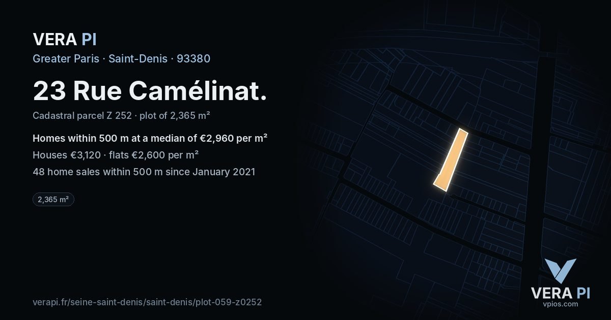 23 Rue Camélinat, Saint-Denis at night – the plot lit, the parcels around coloured by the prices near them