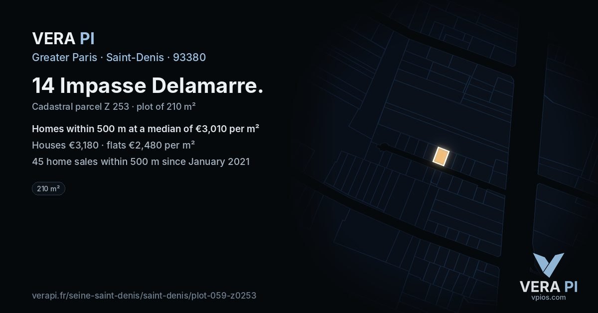 14 Impasse Delamarre, Saint-Denis at night – the plot lit, the parcels around coloured by the prices near them