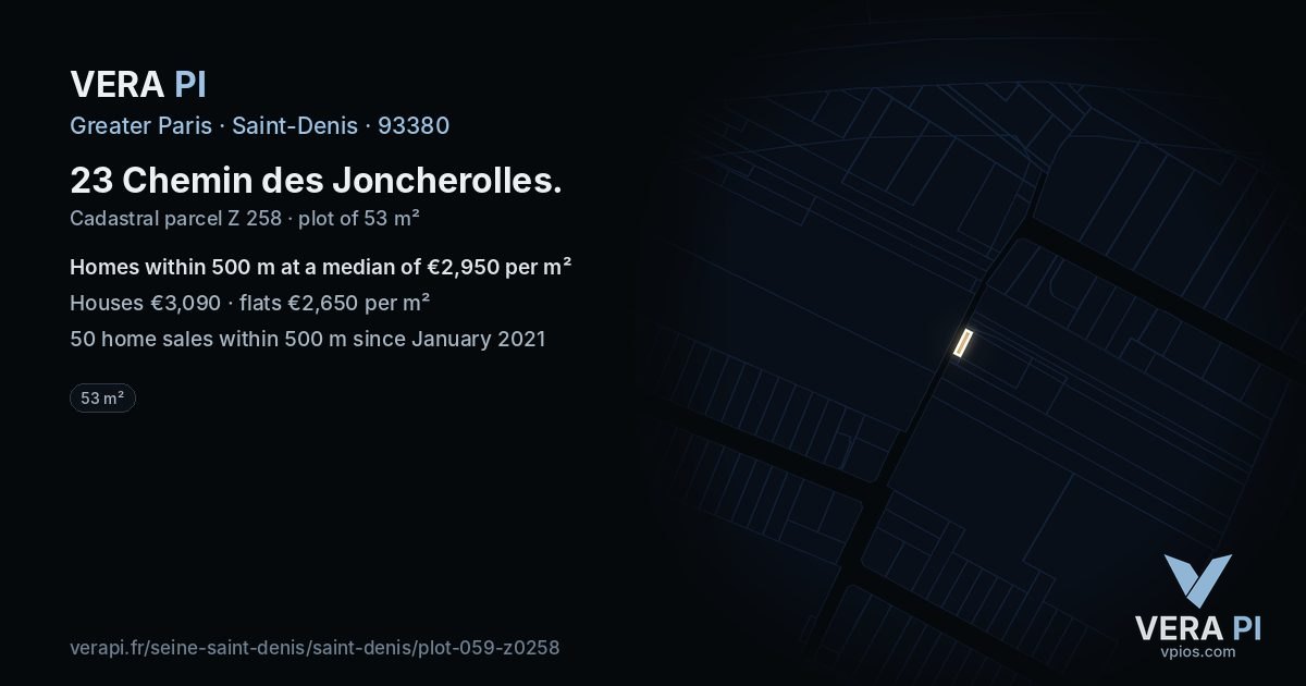 23 Chemin des Joncherolles, Saint-Denis at night – the plot lit, the parcels around coloured by the prices near them
