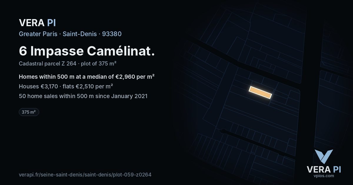 6 Impasse Camélinat, Saint-Denis at night – the plot lit, the parcels around coloured by the prices near them