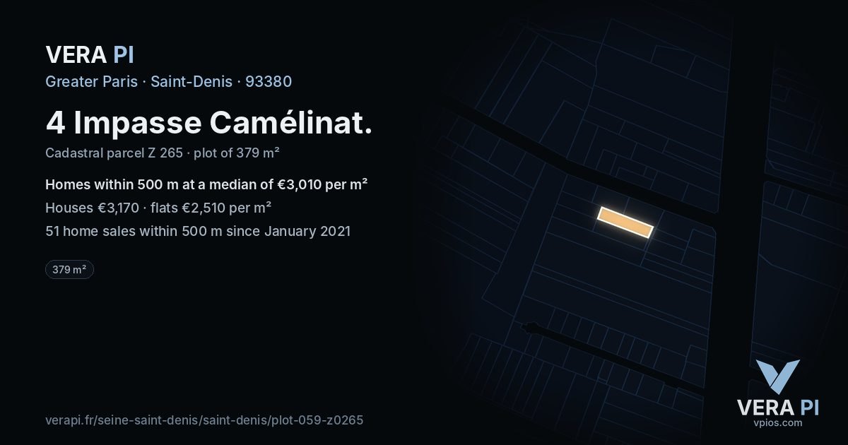 4 Impasse Camélinat, Saint-Denis at night – the plot lit, the parcels around coloured by the prices near them