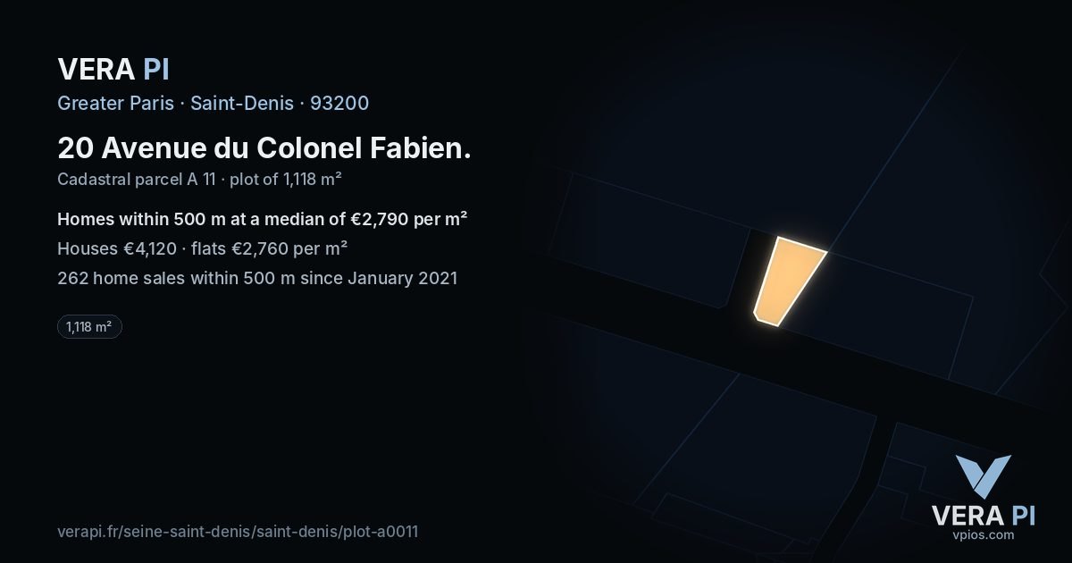20 Avenue du Colonel Fabien, Saint-Denis at night – the plot lit, the parcels around coloured by the prices near them
