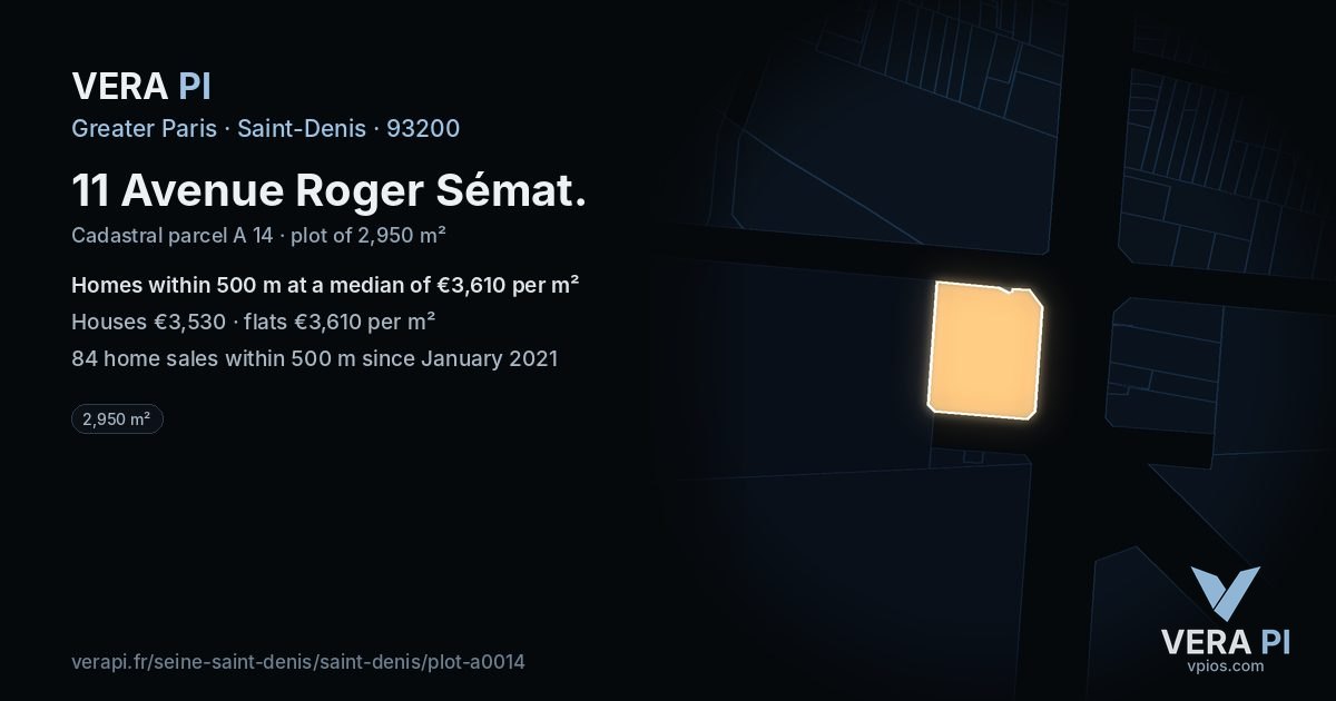 11 Avenue Roger Sémat, Saint-Denis at night – the plot lit, the parcels around coloured by the prices near them
