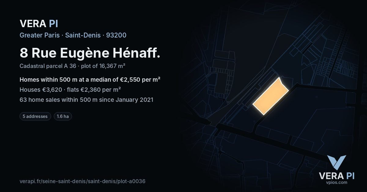8 Rue Eugène Hénaff, Saint-Denis at night – the plot lit, the parcels around coloured by the prices near them