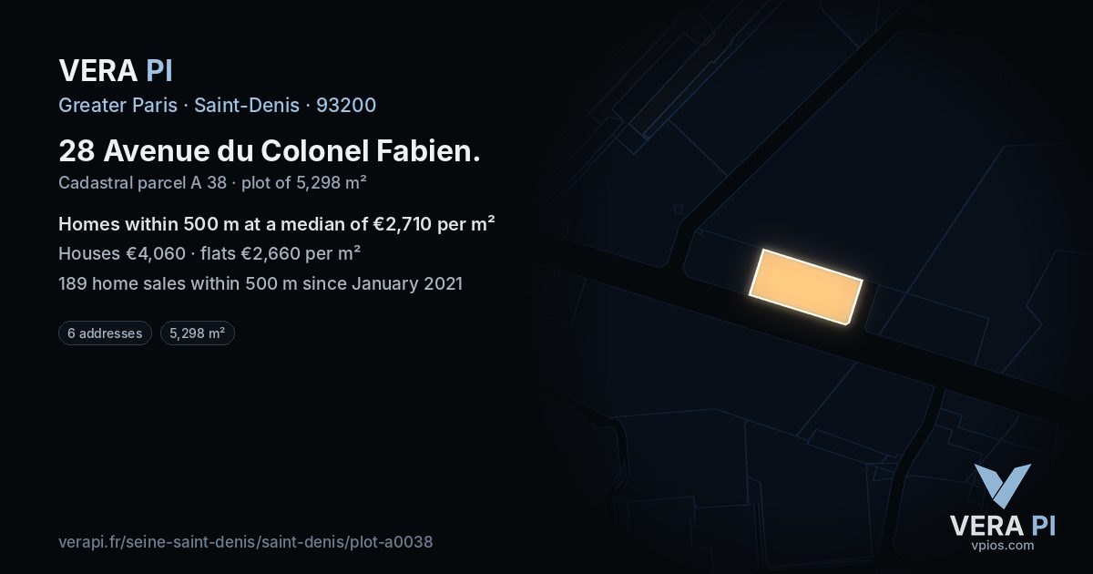 28 Avenue du Colonel Fabien, Saint-Denis at night – the plot lit, the parcels around coloured by the prices near them