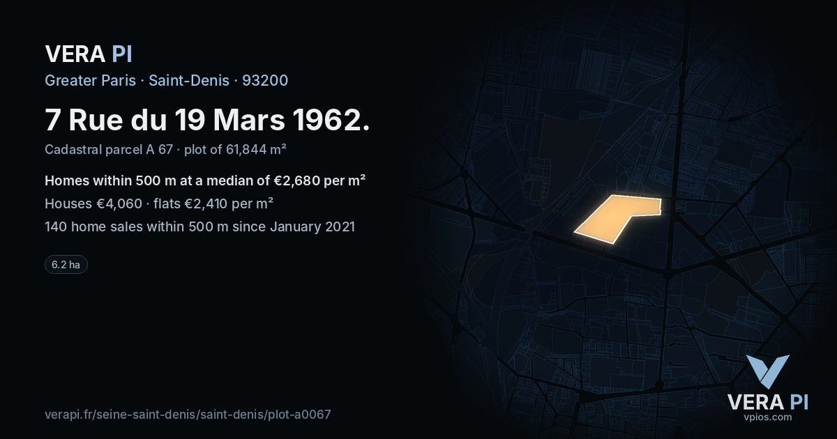 7 Rue du 19 Mars 1962, Saint-Denis at night – the plot lit, the parcels around coloured by the prices near them