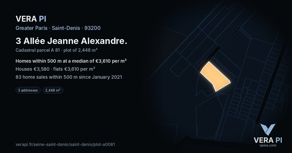 3 Allée Jeanne Alexandre, Saint-Denis at night – the plot lit, the parcels around coloured by the prices near them
