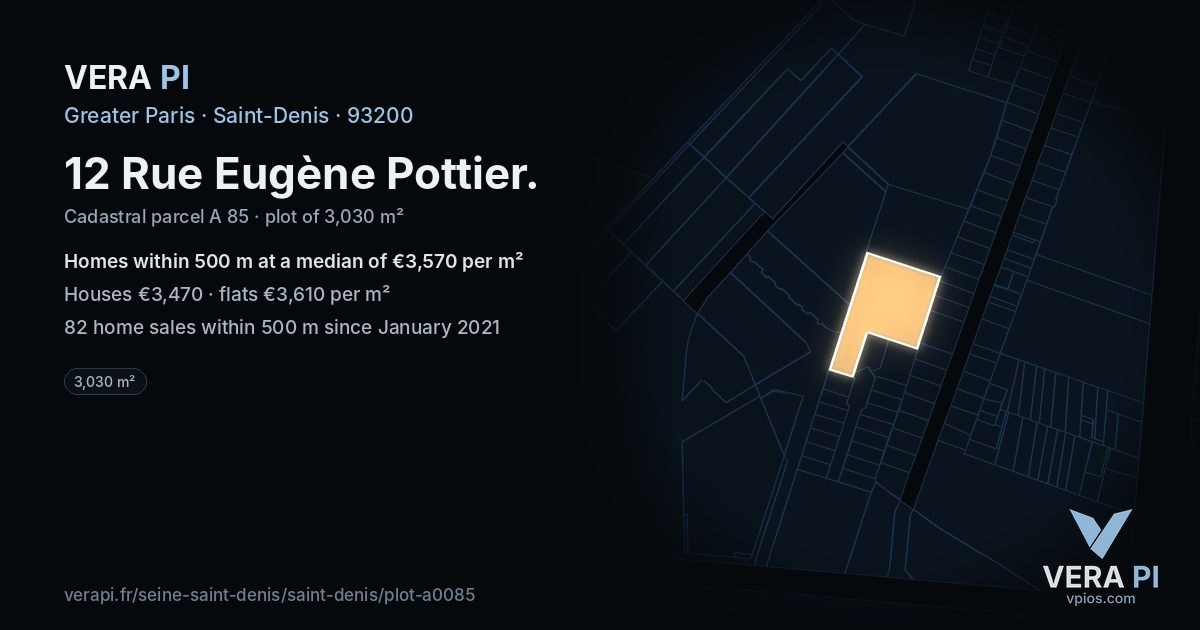12 Rue Eugène Pottier, Saint-Denis at night – the plot lit, the parcels around coloured by the prices near them