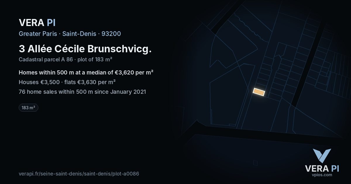 3 Allée Cécile Brunschvicg, Saint-Denis at night – the plot lit, the parcels around coloured by the prices near them