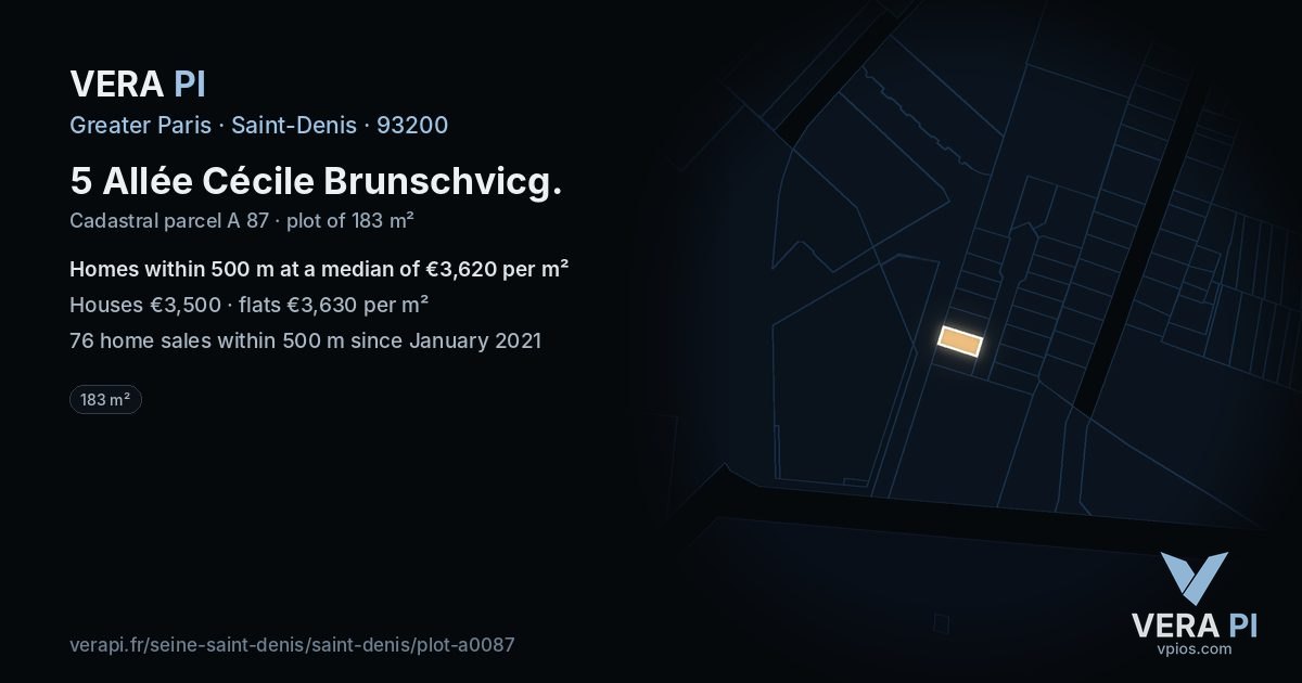 5 Allée Cécile Brunschvicg, Saint-Denis at night – the plot lit, the parcels around coloured by the prices near them