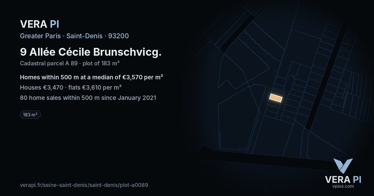 9 Allée Cécile Brunschvicg, Saint-Denis at night – the plot lit, the parcels around coloured by the prices near them