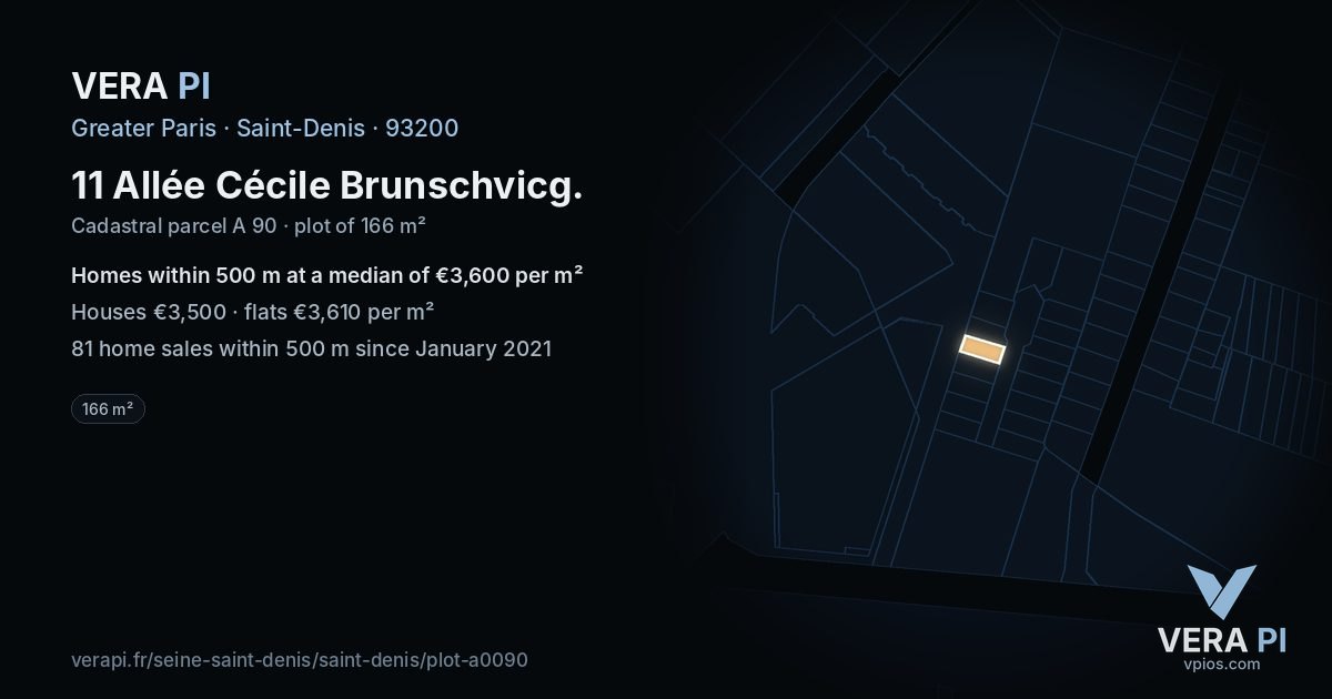 11 Allée Cécile Brunschvicg, Saint-Denis at night – the plot lit, the parcels around coloured by the prices near them
