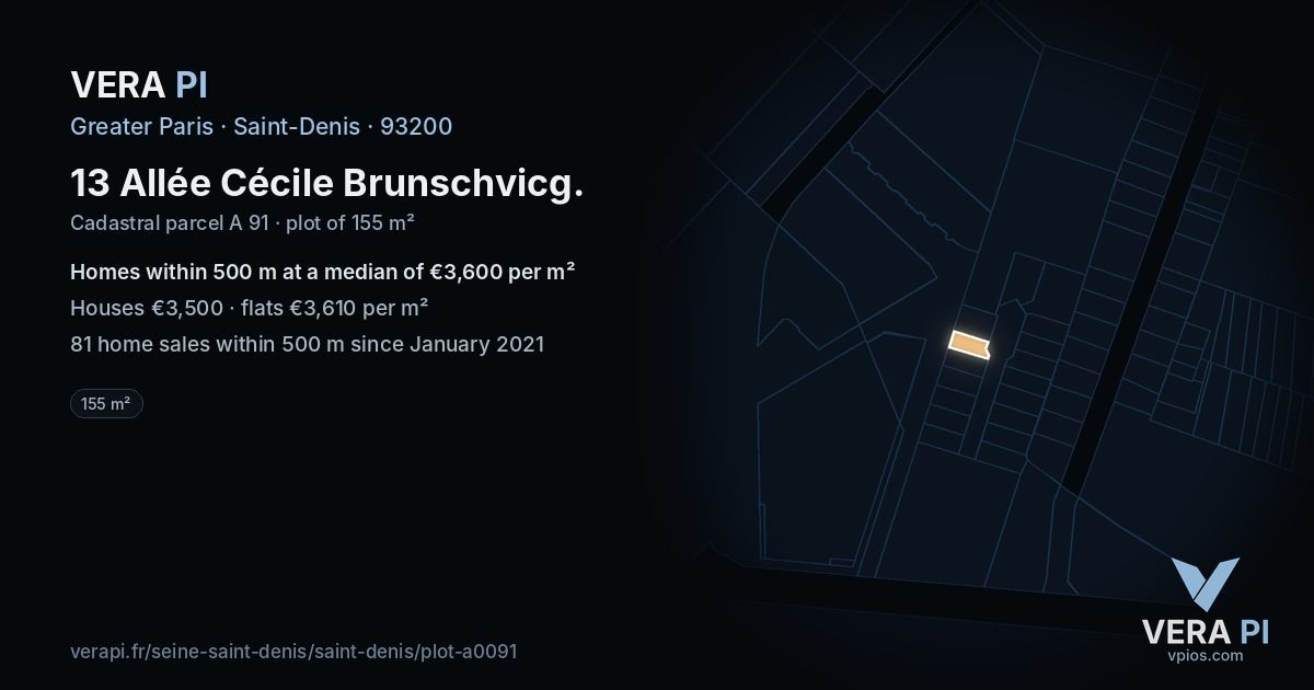 13 Allée Cécile Brunschvicg, Saint-Denis at night – the plot lit, the parcels around coloured by the prices near them