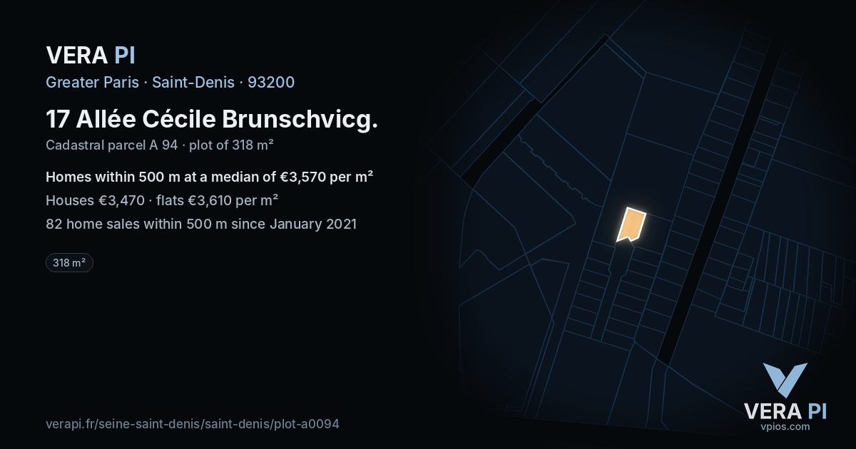 17 Allée Cécile Brunschvicg, Saint-Denis at night – the plot lit, the parcels around coloured by the prices near them