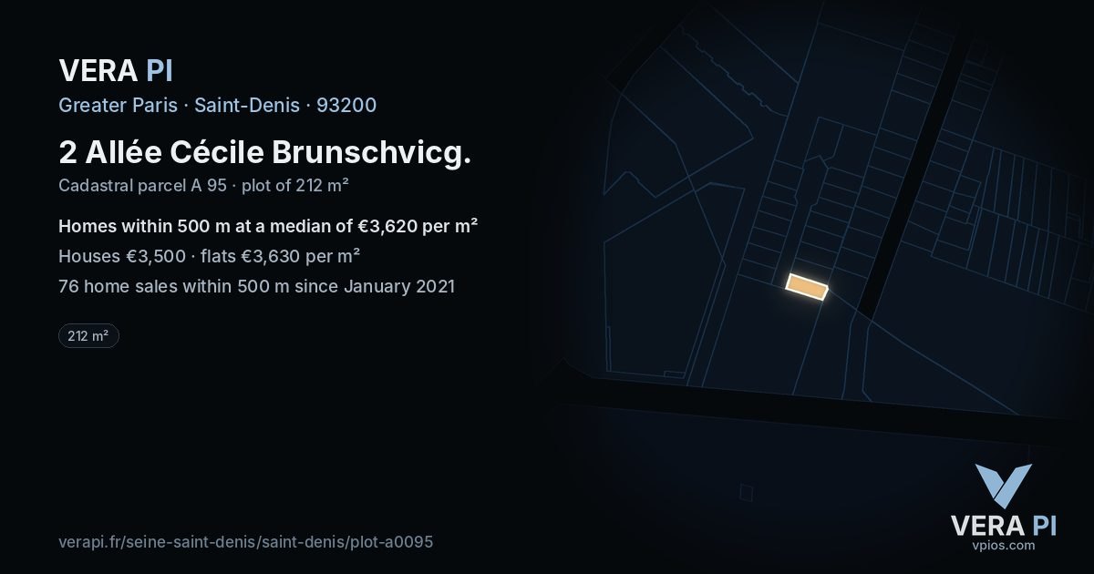 2 Allée Cécile Brunschvicg, Saint-Denis at night – the plot lit, the parcels around coloured by the prices near them