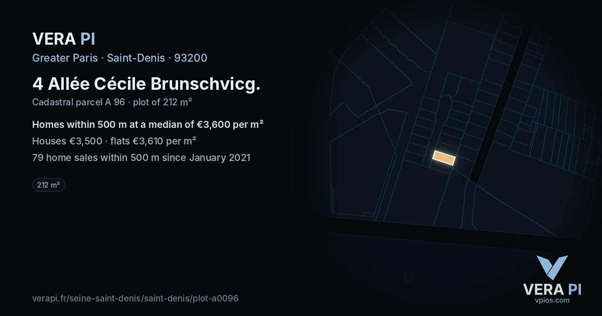 4 Allée Cécile Brunschvicg, Saint-Denis at night – the plot lit, the parcels around coloured by the prices near them