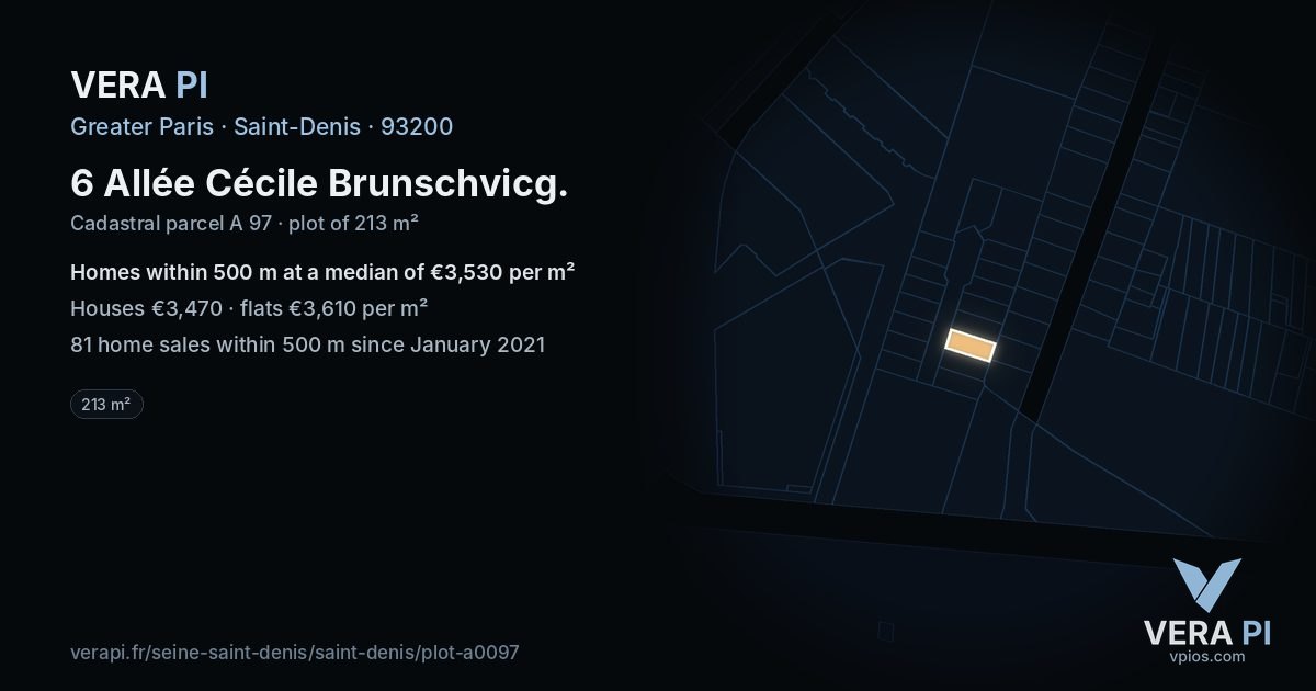 6 Allée Cécile Brunschvicg, Saint-Denis at night – the plot lit, the parcels around coloured by the prices near them