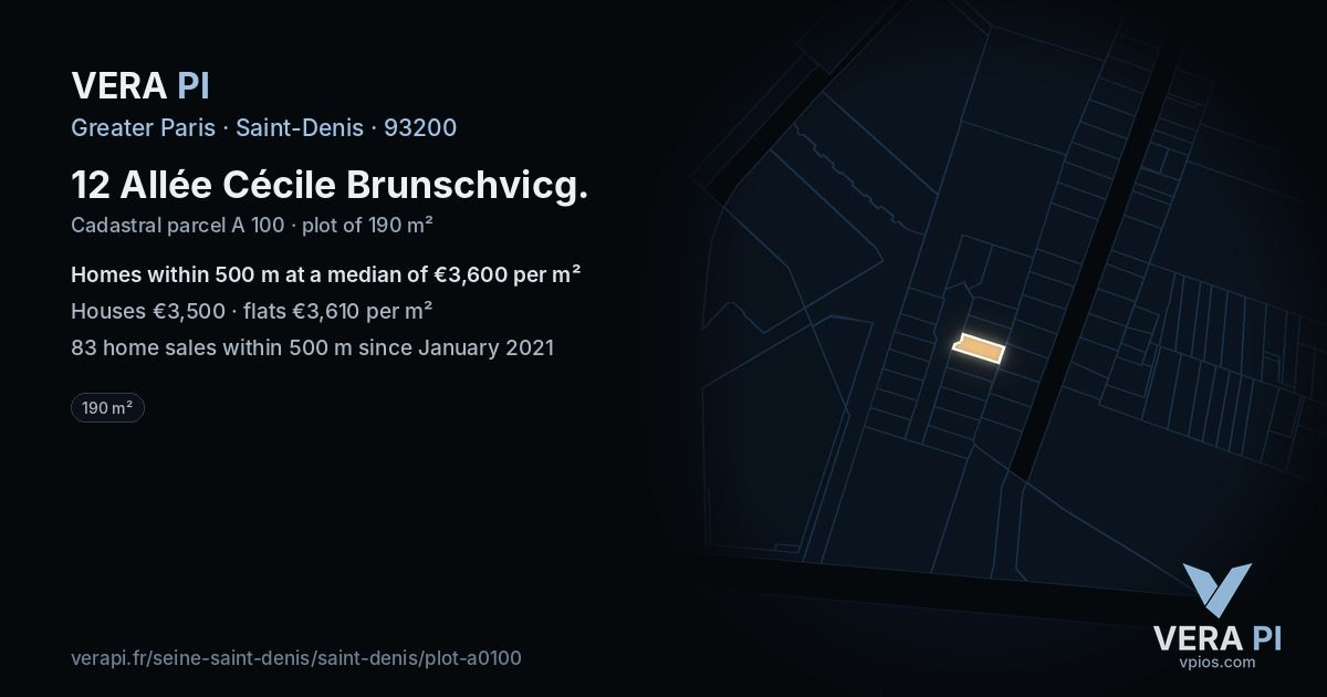 12 Allée Cécile Brunschvicg, Saint-Denis at night – the plot lit, the parcels around coloured by the prices near them