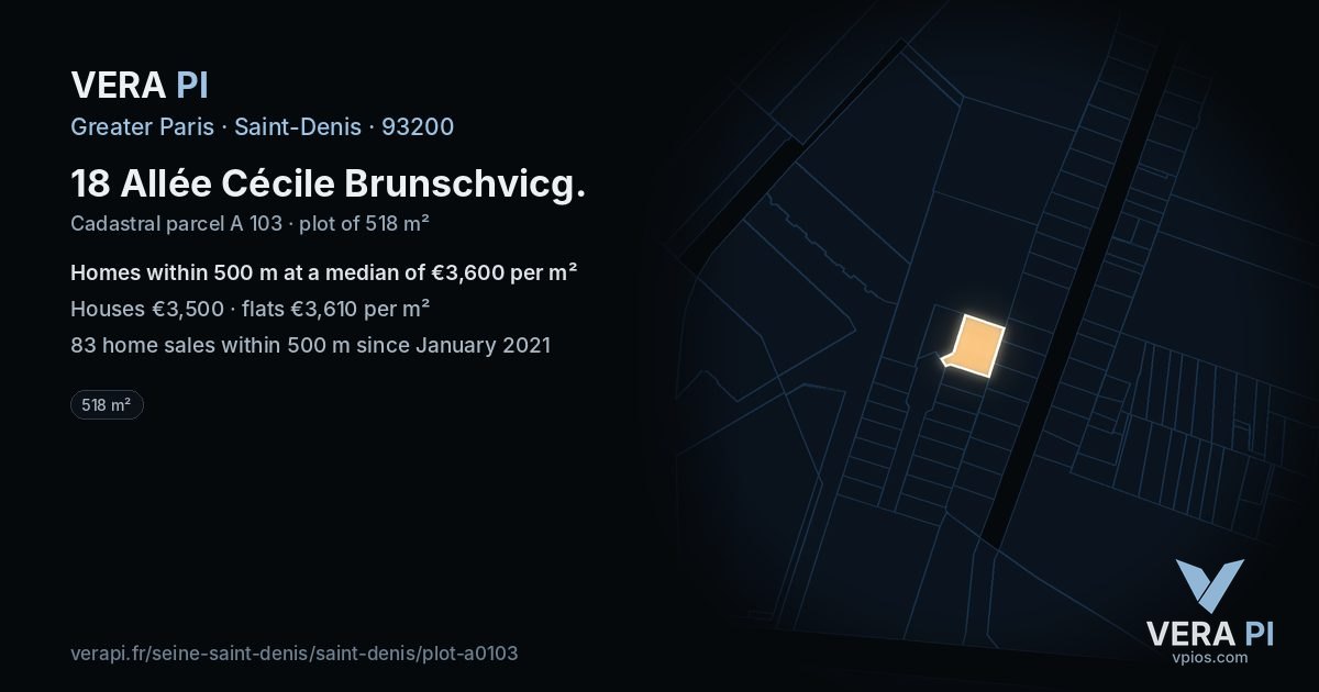 18 Allée Cécile Brunschvicg, Saint-Denis at night – the plot lit, the parcels around coloured by the prices near them