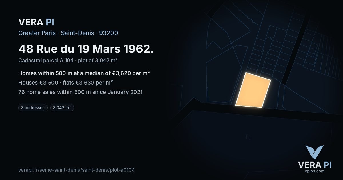 48 Rue du 19 Mars 1962, Saint-Denis at night – the plot lit, the parcels around coloured by the prices near them