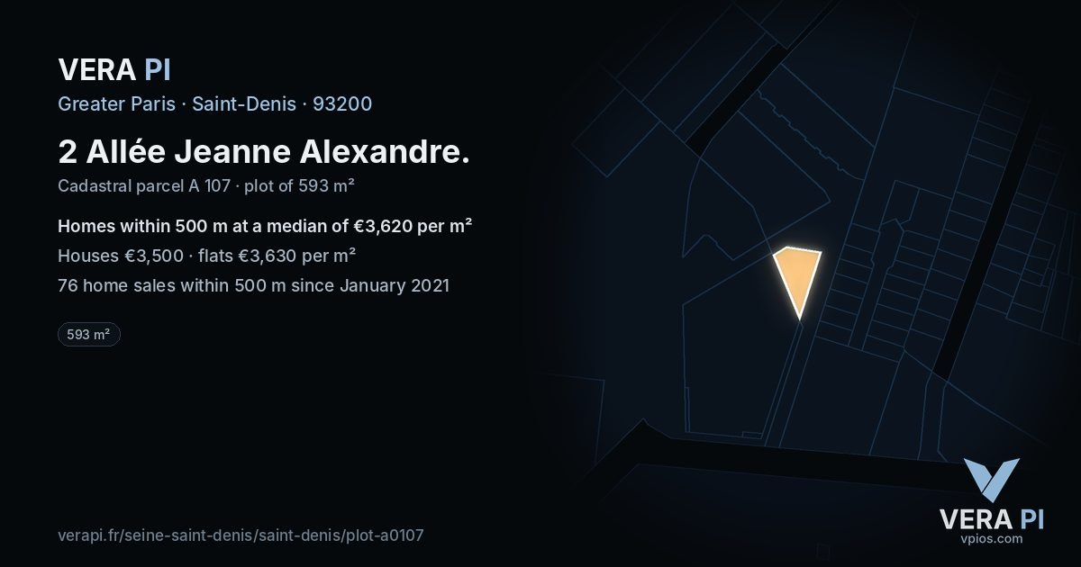 2 Allée Jeanne Alexandre, Saint-Denis at night – the plot lit, the parcels around coloured by the prices near them