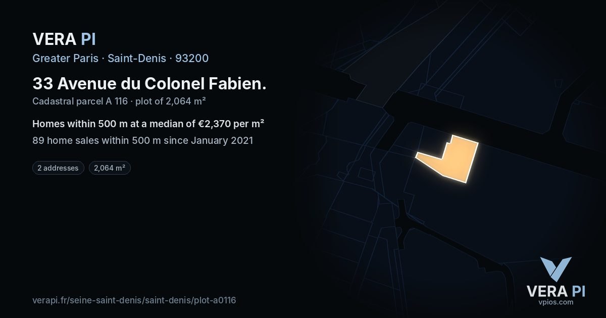 33 Avenue du Colonel Fabien, Saint-Denis at night – the plot lit, the parcels around coloured by the prices near them