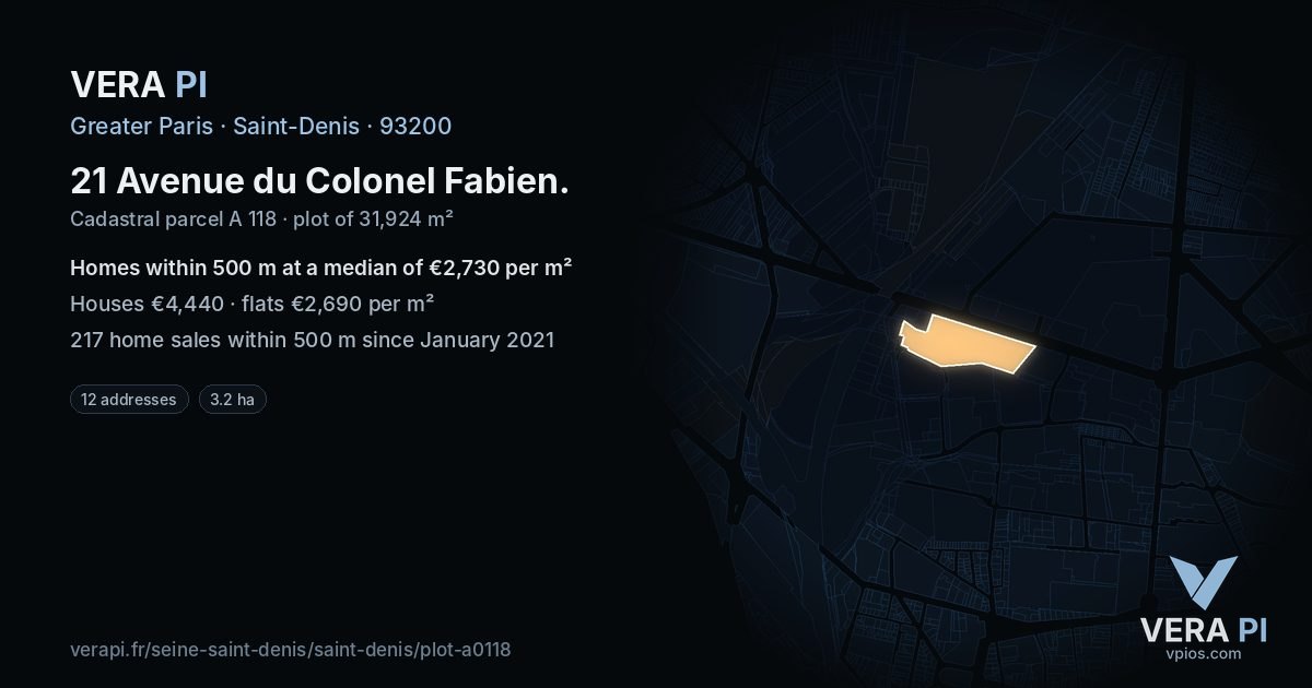 21 Avenue du Colonel Fabien, Saint-Denis at night – the plot lit, the parcels around coloured by the prices near them