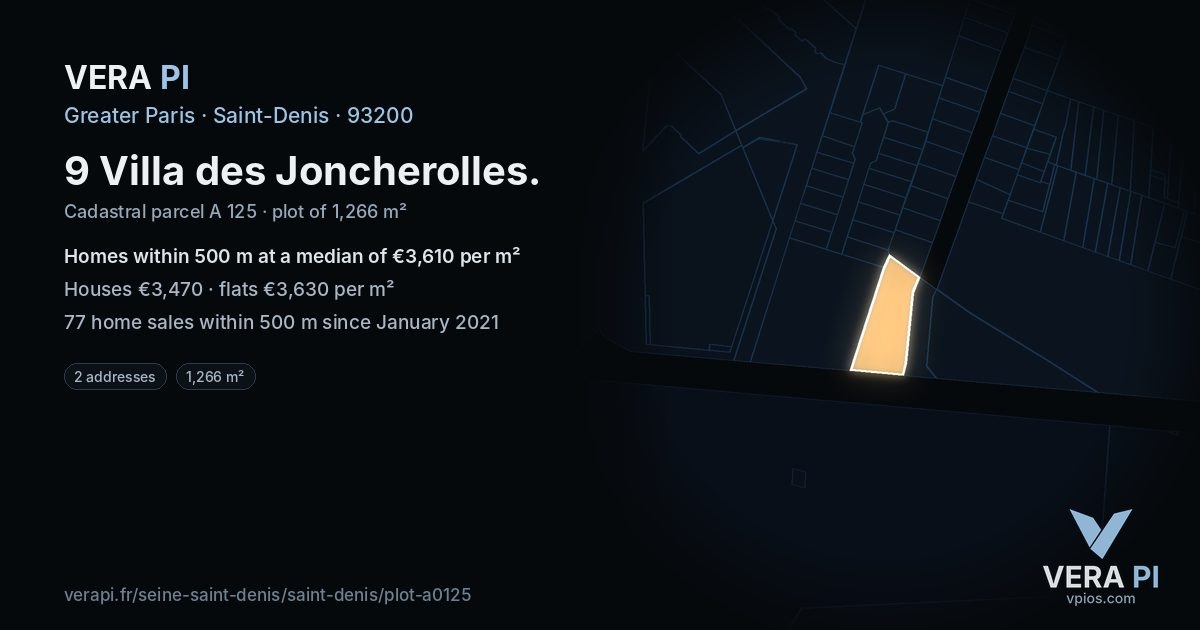9 Villa des Joncherolles, Saint-Denis at night – the plot lit, the parcels around coloured by the prices near them