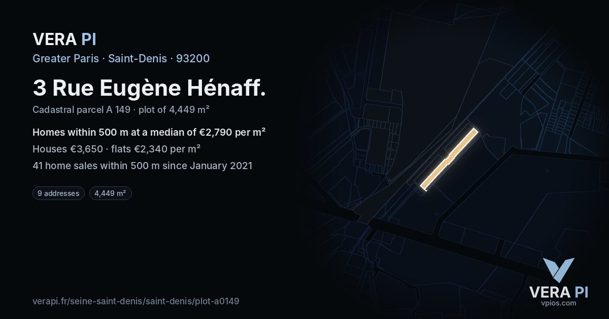 3 Rue Eugène Hénaff, Saint-Denis at night – the plot lit, the parcels around coloured by the prices near them