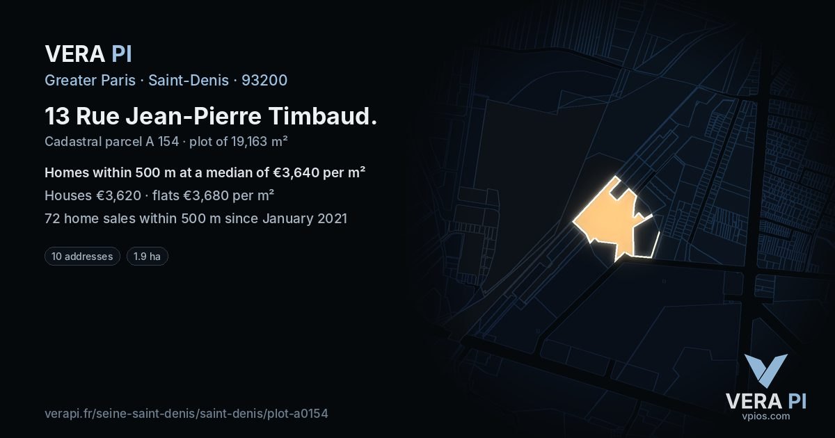 13 Rue Jean-Pierre Timbaud, Saint-Denis at night – the plot lit, the parcels around coloured by the prices near them
