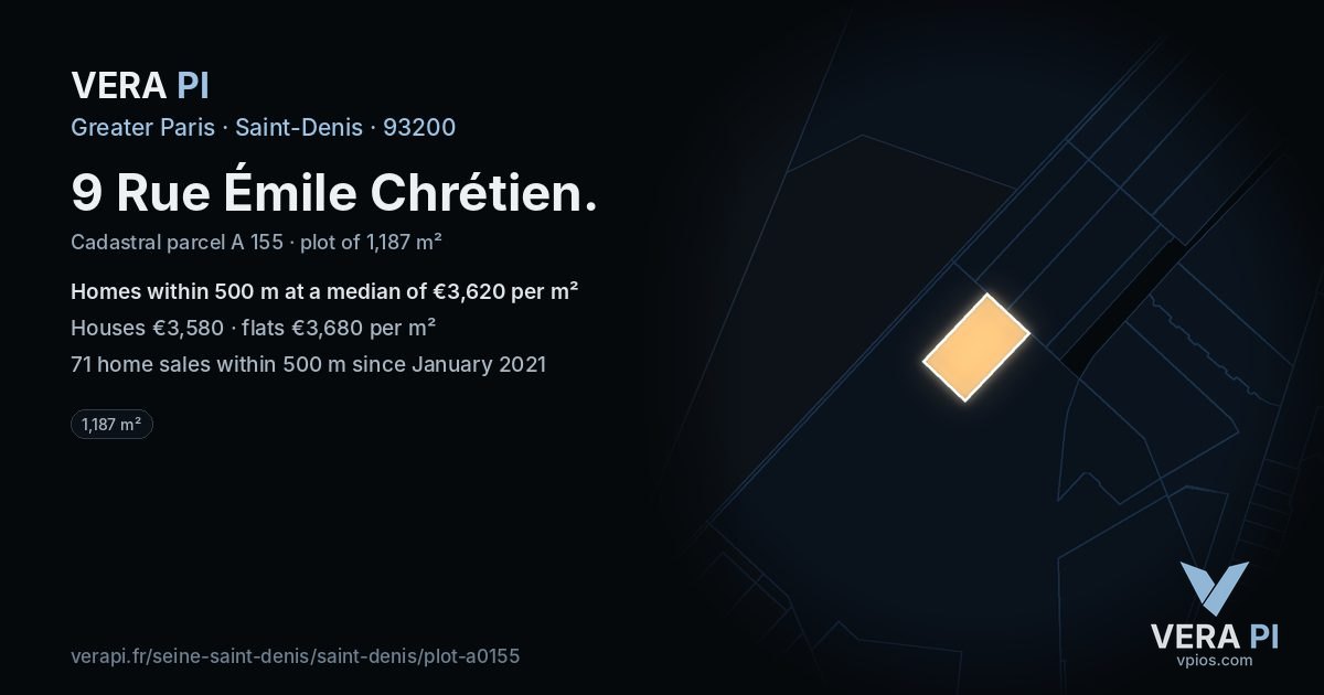 9 Rue Émile Chrétien, Saint-Denis at night – the plot lit, the parcels around coloured by the prices near them