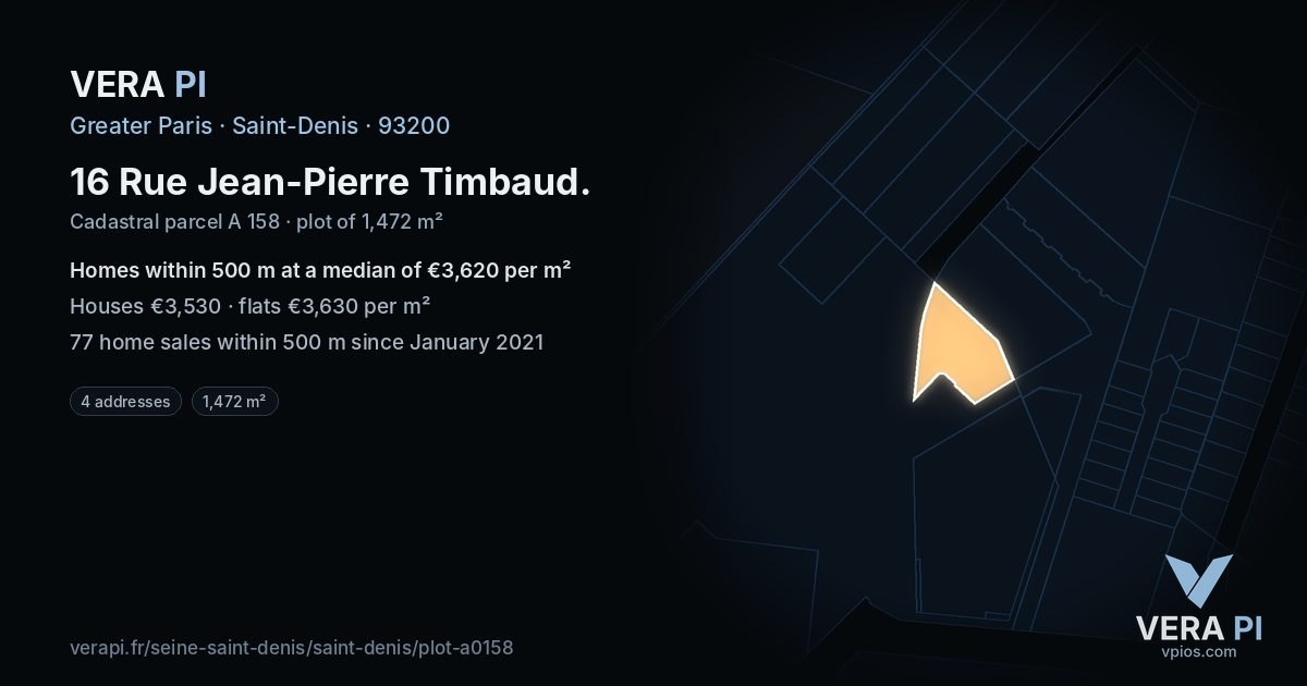 16 Rue Jean-Pierre Timbaud, Saint-Denis at night – the plot lit, the parcels around coloured by the prices near them