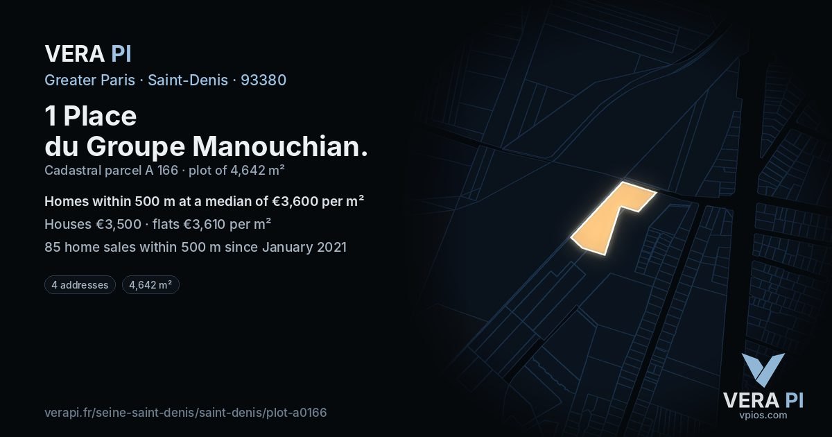 1 Place du Groupe Manouchian, Saint-Denis at night – the plot lit, the parcels around coloured by the prices near them