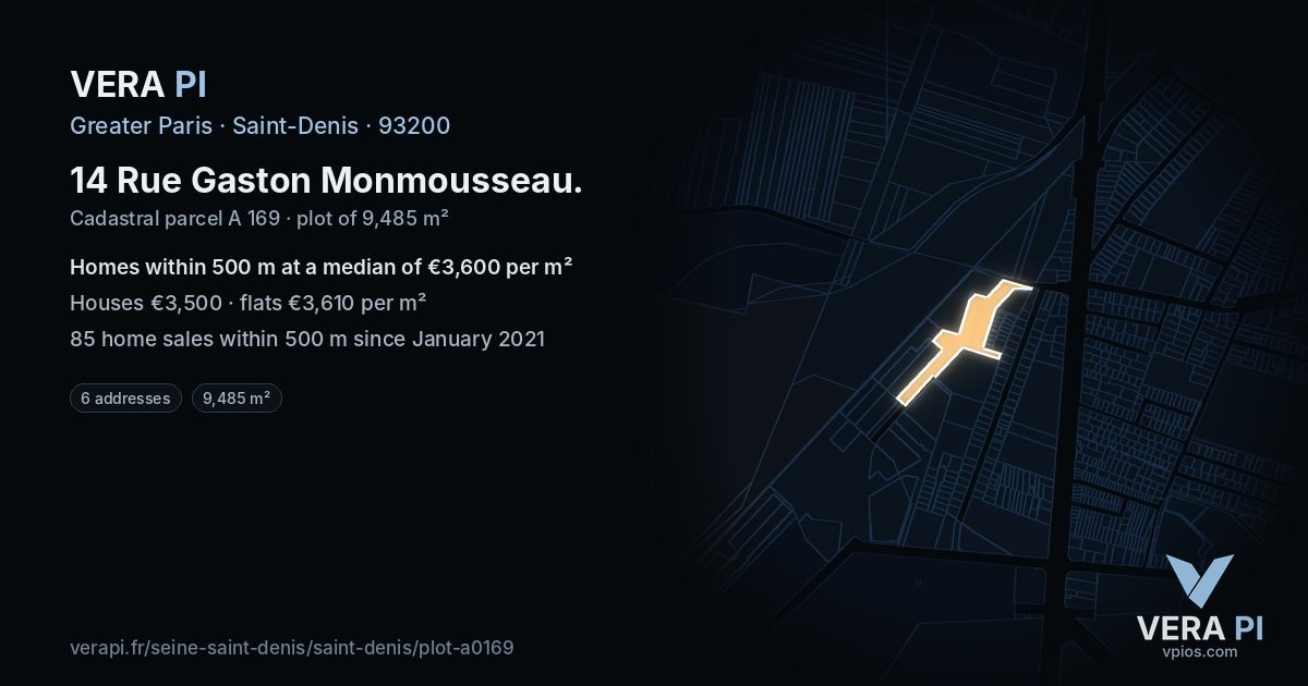 14 Rue Gaston Monmousseau, Saint-Denis at night – the plot lit, the parcels around coloured by the prices near them