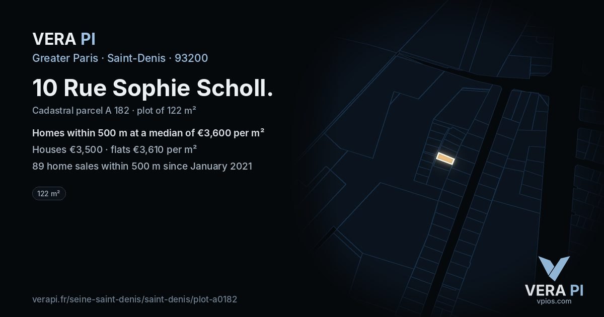 10 Rue Sophie Scholl, Saint-Denis at night – the plot lit, the parcels around coloured by the prices near them