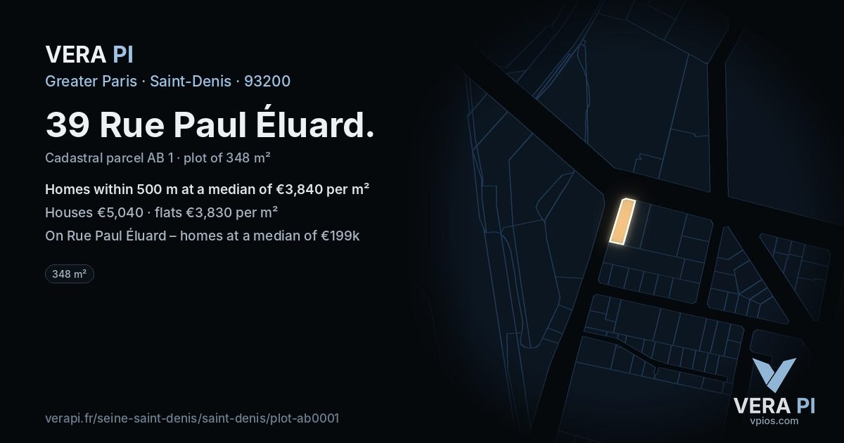 39 Rue Paul Éluard, Saint-Denis at night – the plot lit, the parcels around coloured by the prices near them