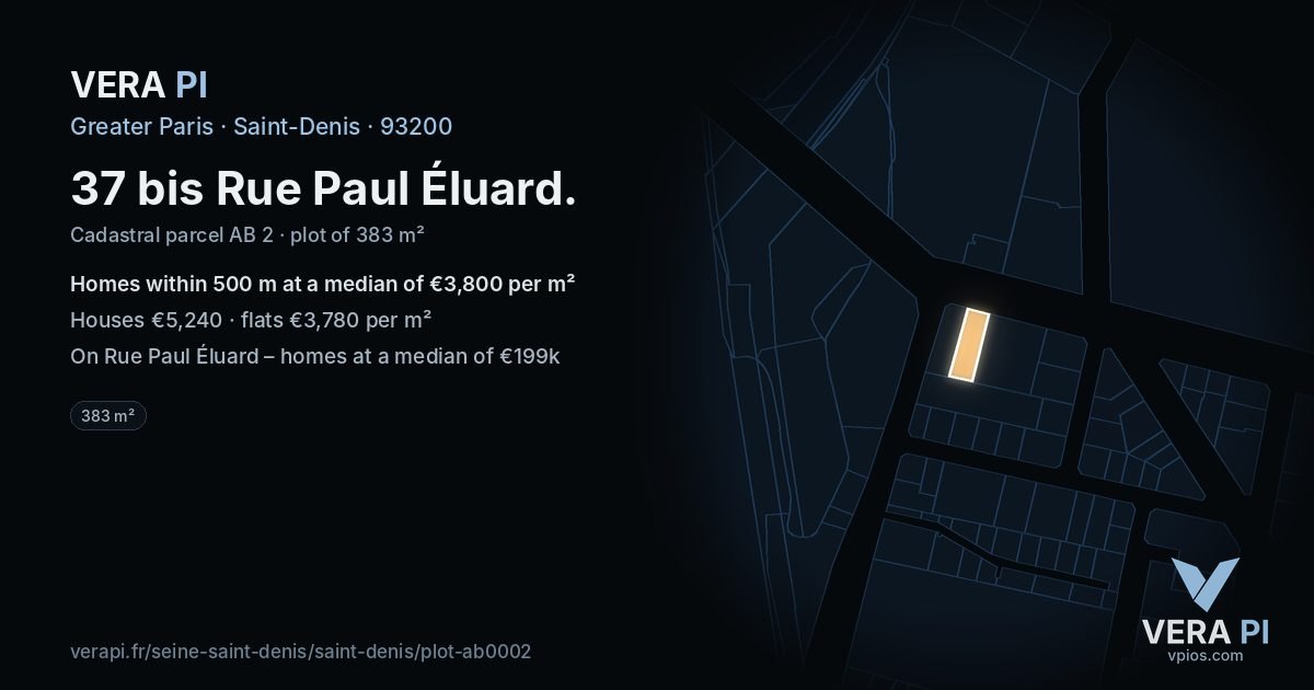 37 bis Rue Paul Éluard, Saint-Denis at night – the plot lit, the parcels around coloured by the prices near them