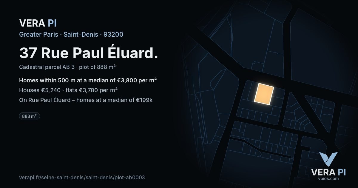 37 Rue Paul Éluard, Saint-Denis at night – the plot lit, the parcels around coloured by the prices near them