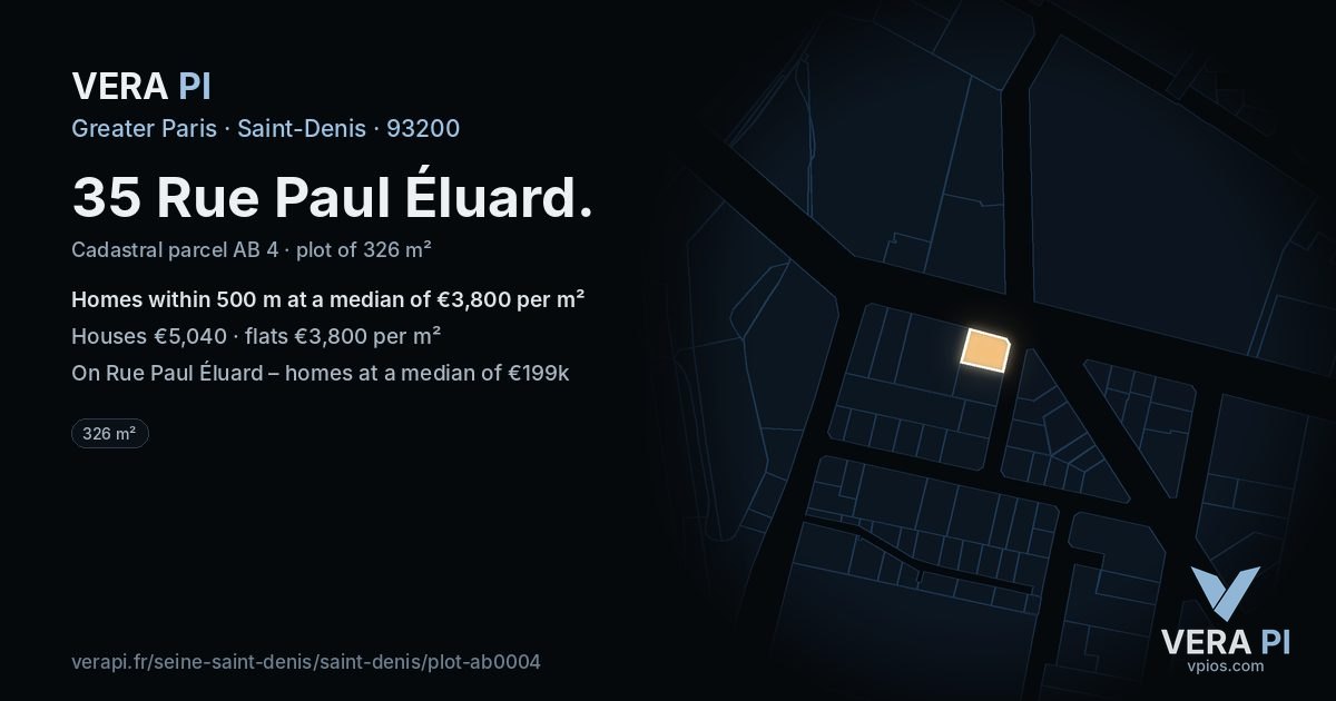 35 Rue Paul Éluard, Saint-Denis at night – the plot lit, the parcels around coloured by the prices near them