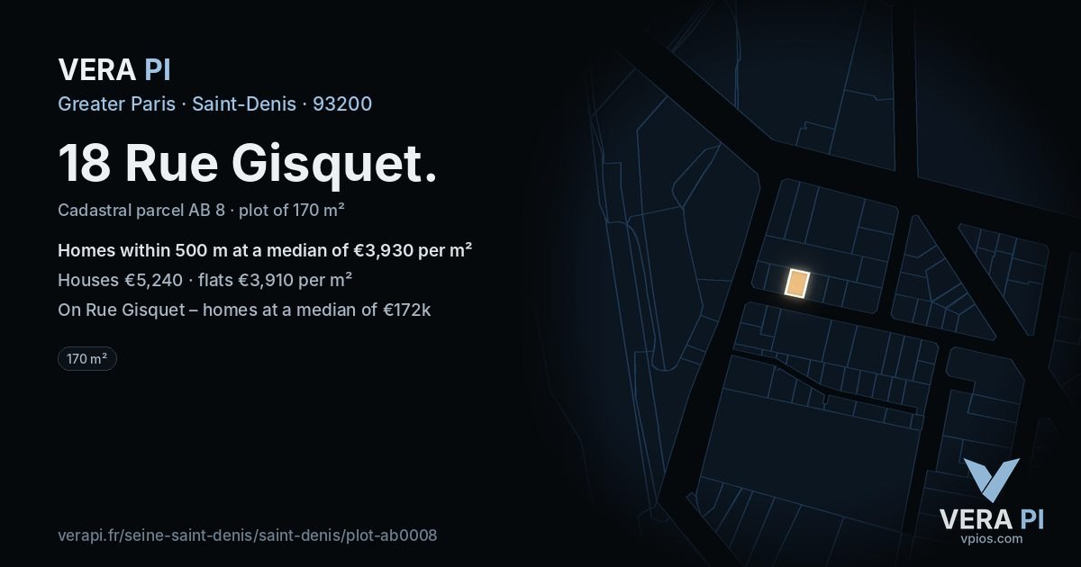 18 Rue Gisquet, Saint-Denis at night – the plot lit, the parcels around coloured by the prices near them
