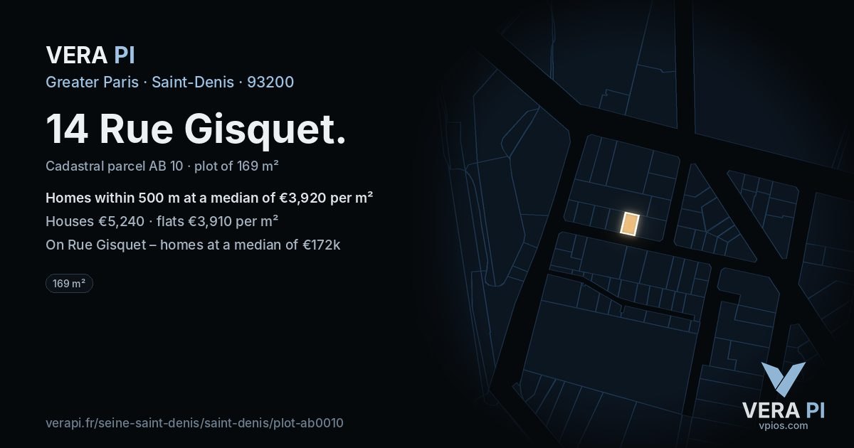 14 Rue Gisquet, Saint-Denis at night – the plot lit, the parcels around coloured by the prices near them