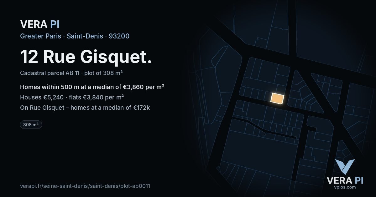 12 Rue Gisquet, Saint-Denis at night – the plot lit, the parcels around coloured by the prices near them