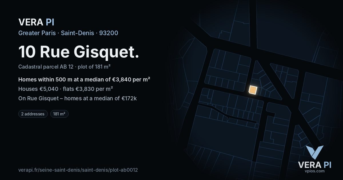 10 Rue Gisquet, Saint-Denis at night – the plot lit, the parcels around coloured by the prices near them