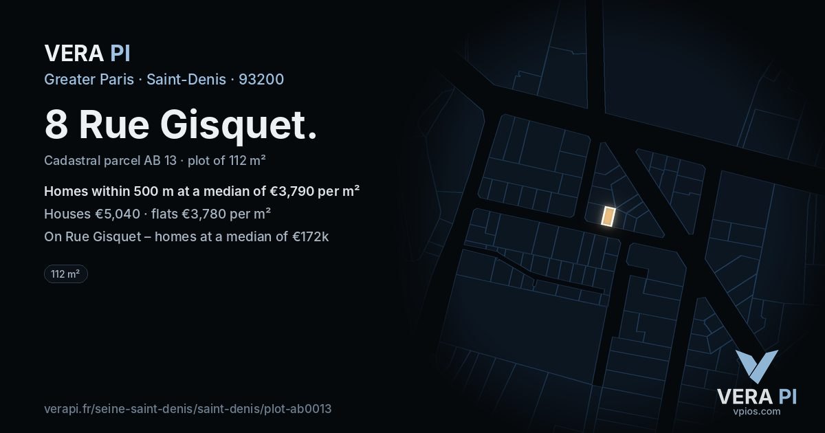 8 Rue Gisquet, Saint-Denis at night – the plot lit, the parcels around coloured by the prices near them