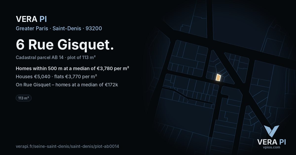 6 Rue Gisquet, Saint-Denis at night – the plot lit, the parcels around coloured by the prices near them