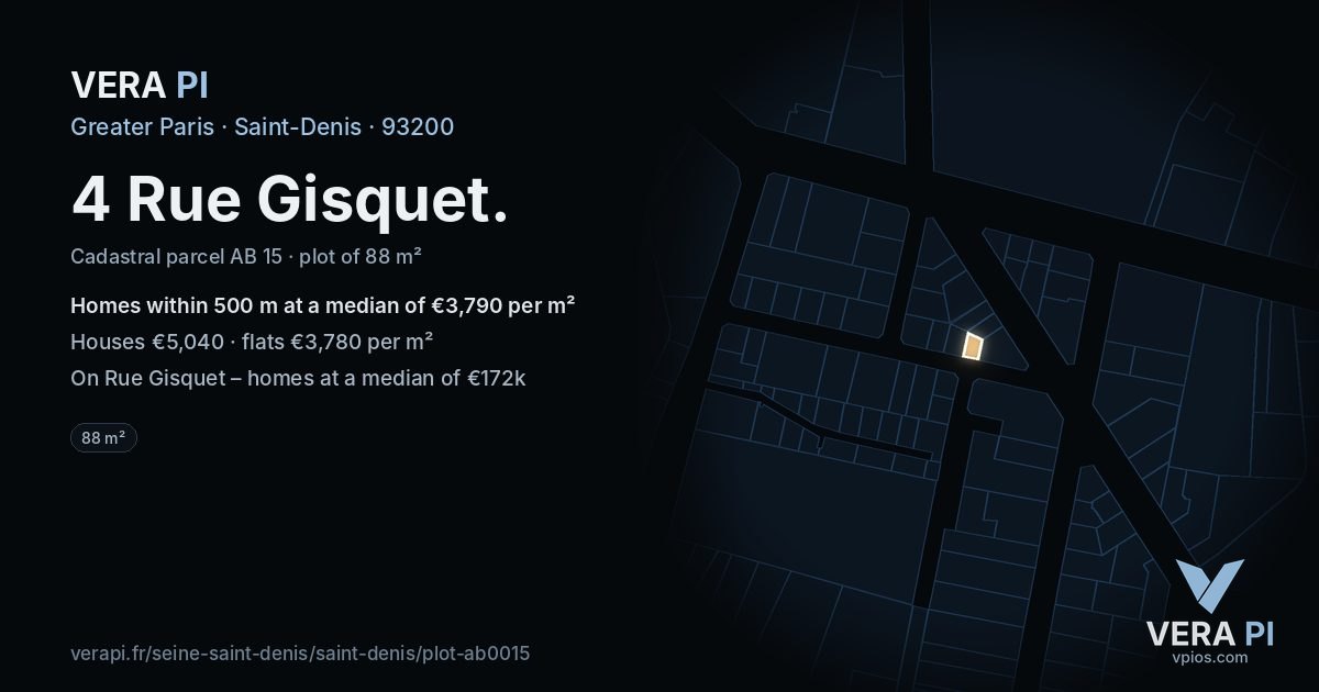 4 Rue Gisquet, Saint-Denis at night – the plot lit, the parcels around coloured by the prices near them