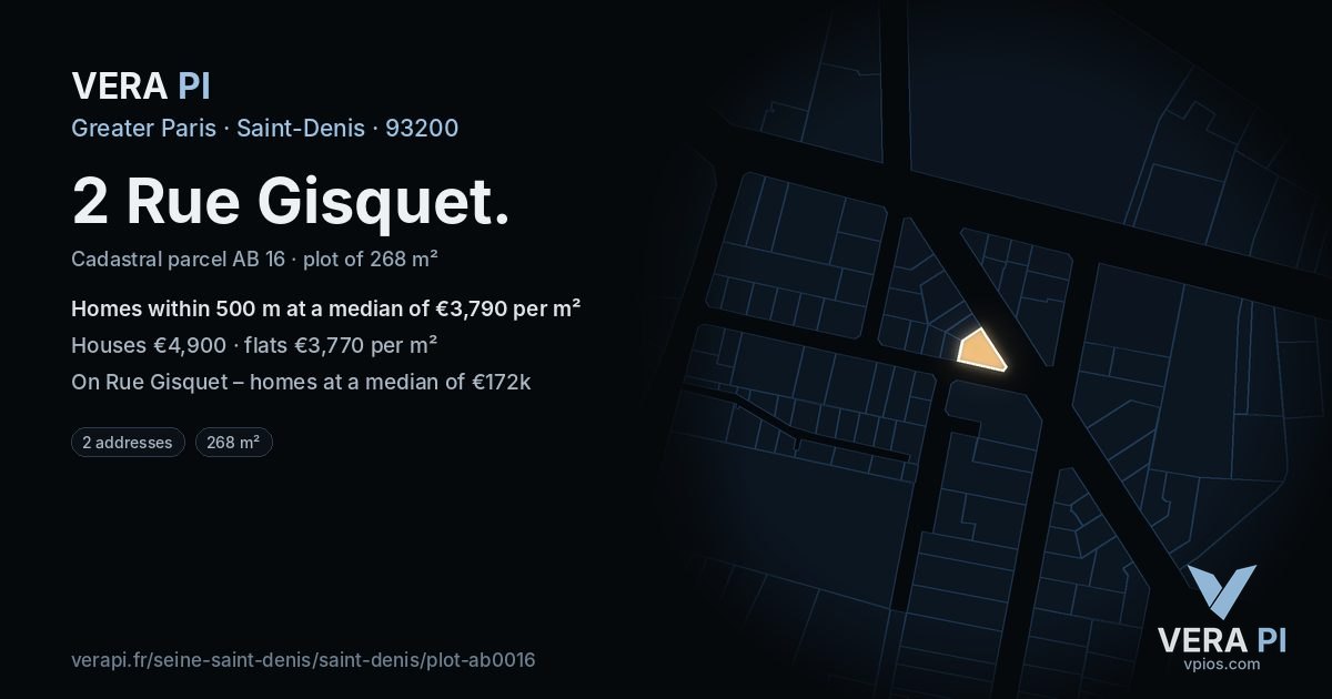 2 Rue Gisquet, Saint-Denis at night – the plot lit, the parcels around coloured by the prices near them