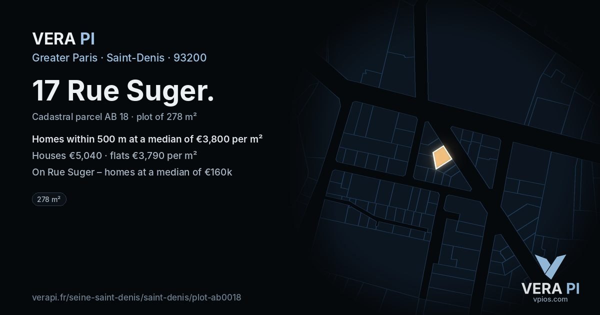 17 Rue Suger, Saint-Denis at night – the plot lit, the parcels around coloured by the prices near them