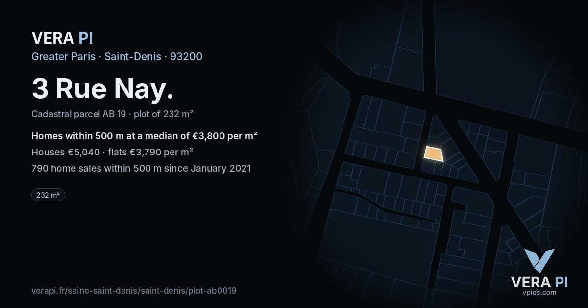 3 Rue Nay, Saint-Denis at night – the plot lit, the parcels around coloured by the prices near them